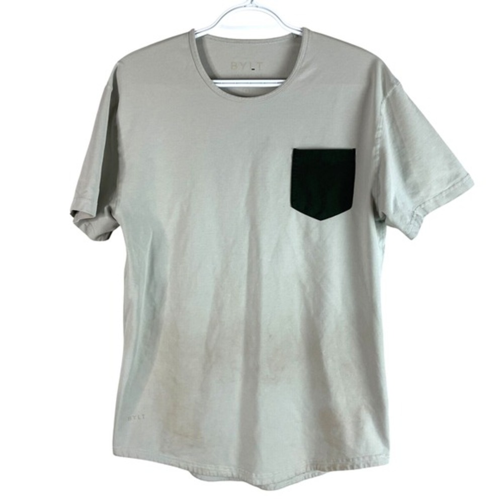 BYLT Mens Drop Cut Short Sleeve Pocket T Shirt Medium Olive Beige Stretch *read